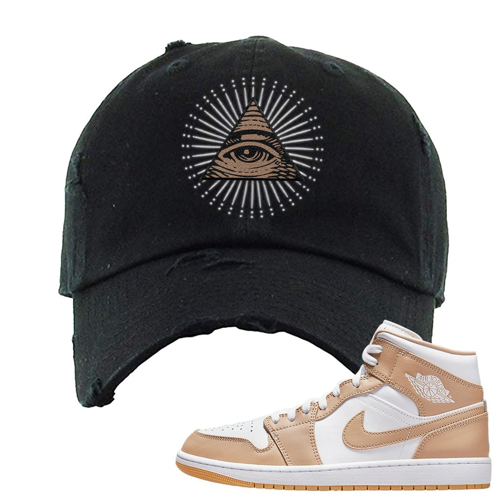 Air Jordan 1 Mid Tan Leather Distressed Dad Hat | All Seeing Eye, Black