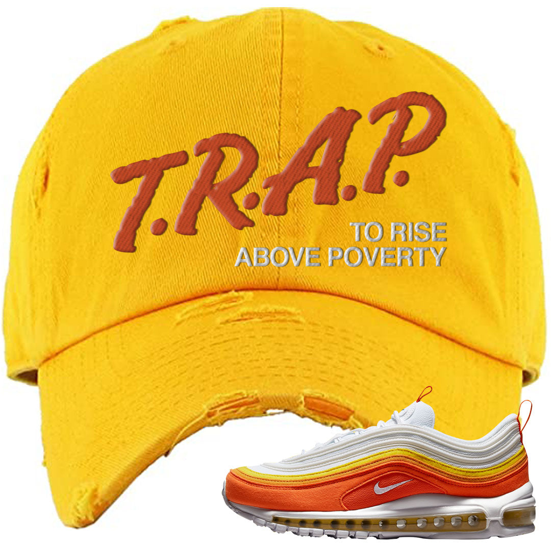 Club Orange Yellow 97s Distressed Dad Hat | Trap To Rise Above Poverty, Gold
