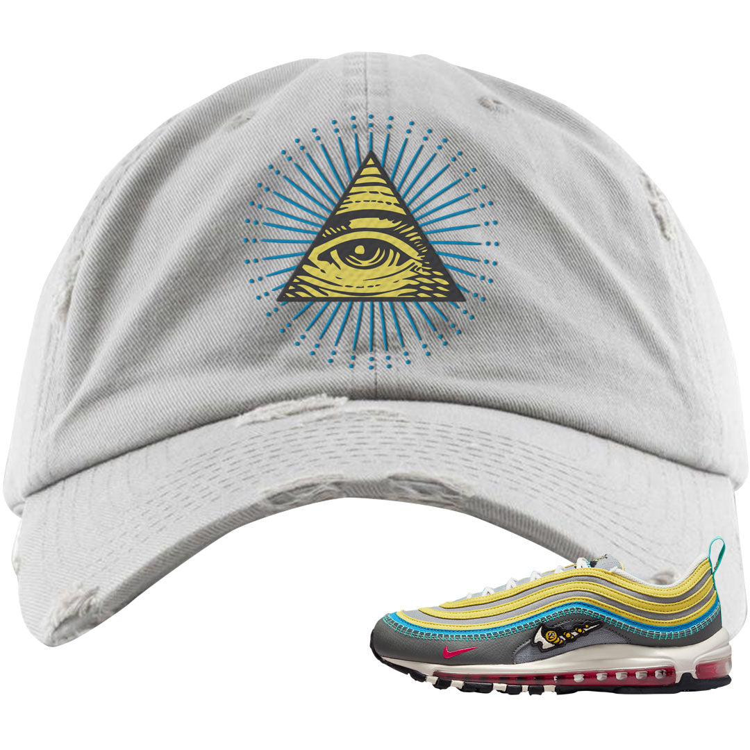 Sprung Yellow 97s Distressed Dad Hat | All Seeing Eye, Light Gray