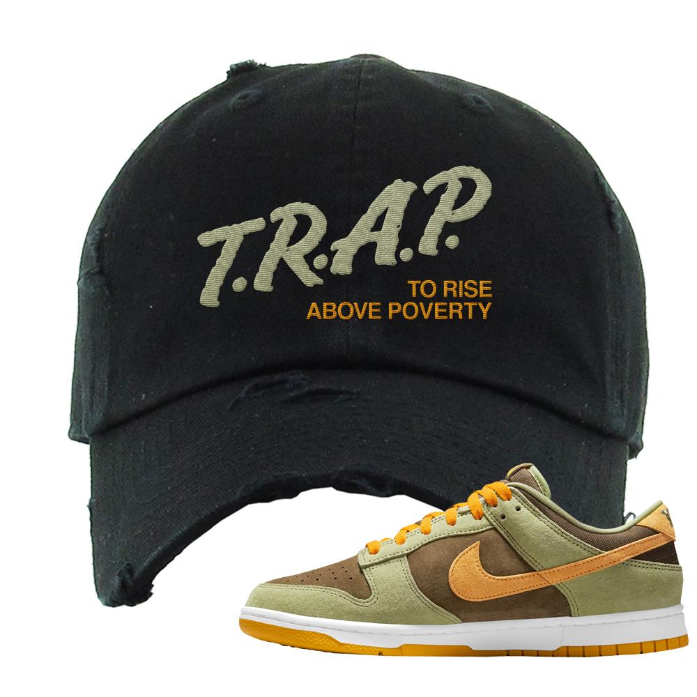 SB Dunk Low Dusty Olive Distressed Dad Hat | Trap To Rise Above Poverty, Black