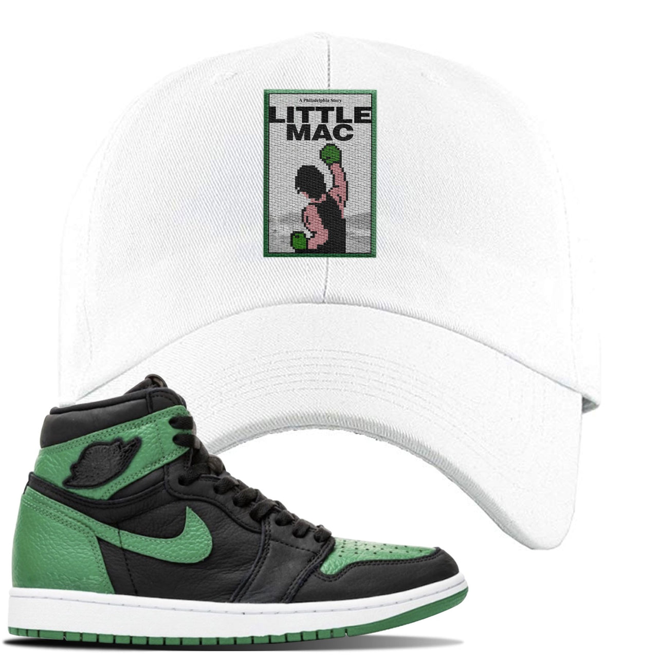 Jordan 1 Retro High OG Pine Green Gym Sneaker White Dad Hat | Hat to match Air Jordan 1 Retro High OG Pine Green Gym Shoes | Little Mac A Philly Story