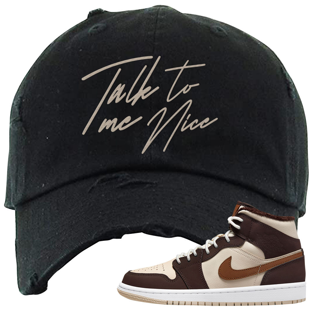 Brown Fleece Mid 1s Distressed Dad Hat | Talk To Me Nice, Black