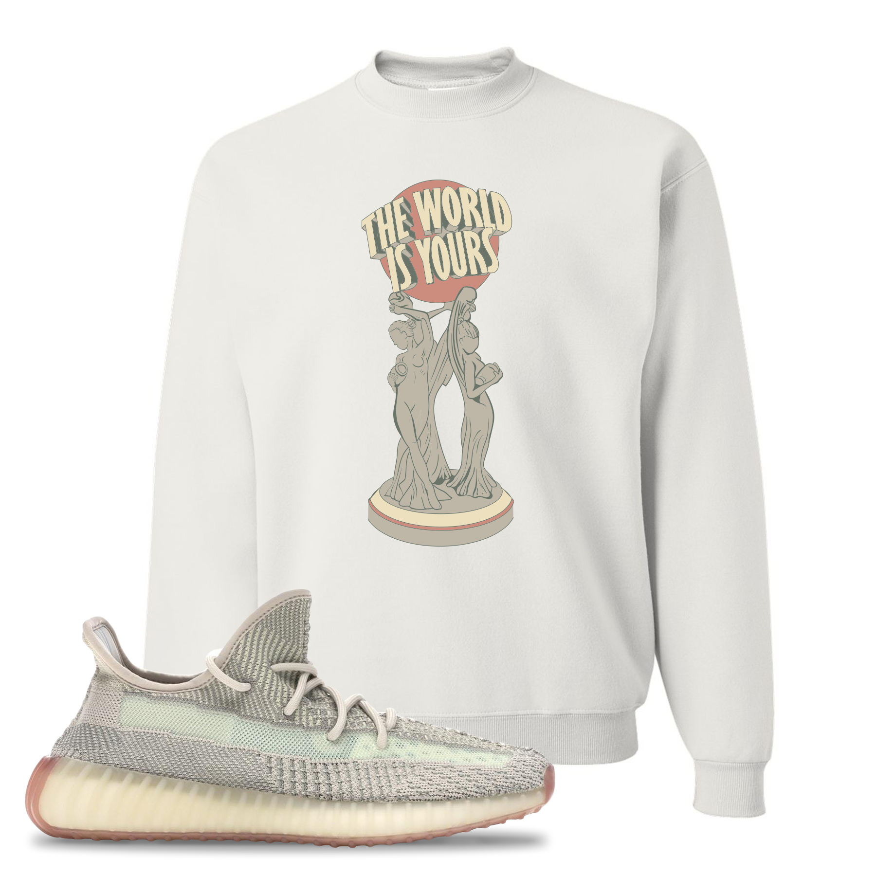 Yeezy Boost 350 V2 Citrin Non-Reflective The World Is Yours Statue White Sneaker Matching Crewneck Sweatshirt