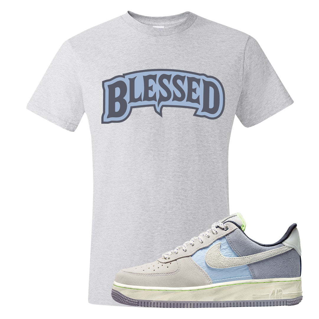Womens Mountain White Blue AF 1s T Shirt | Blessed Arch, Ash