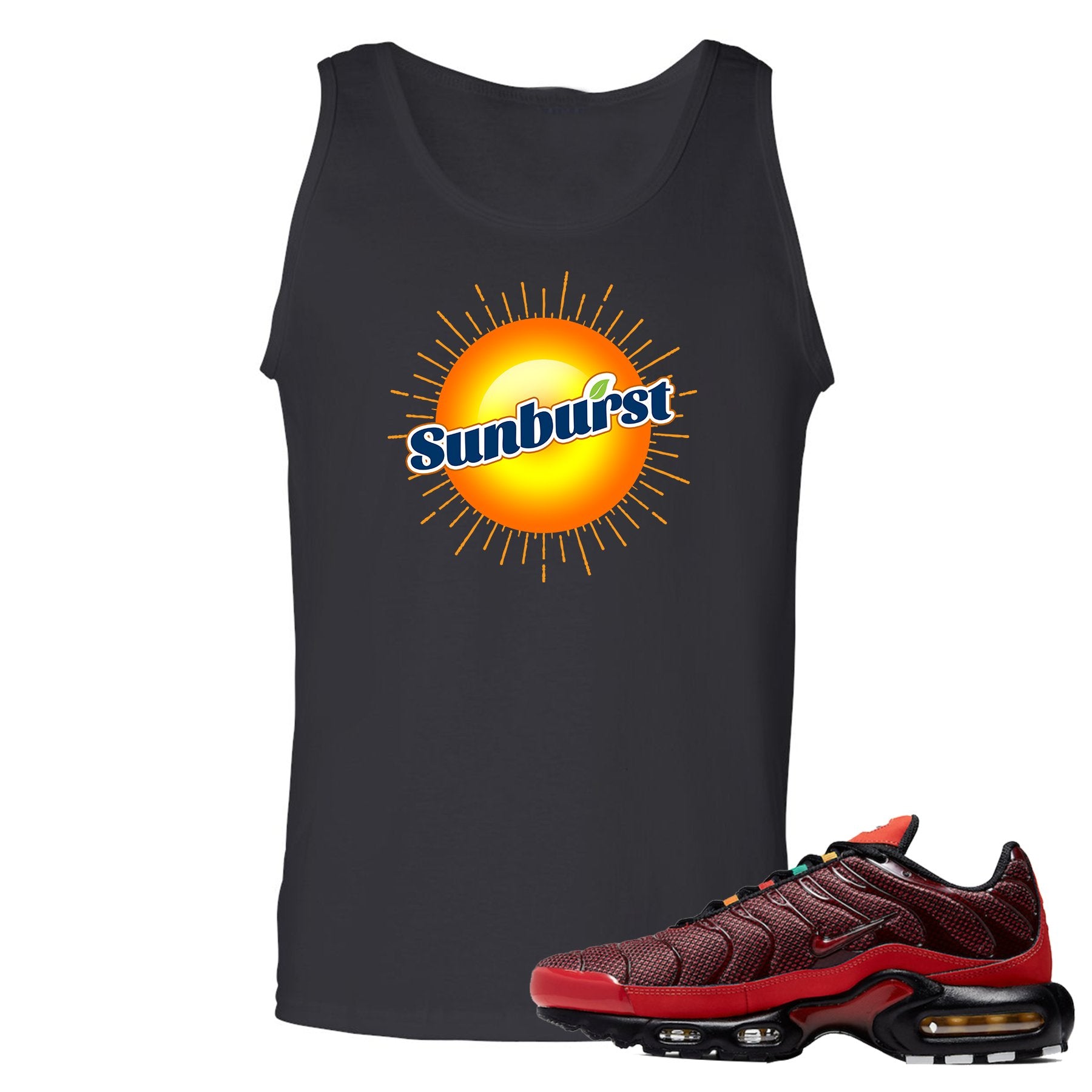 printed on the front of the air max plus sunburst sneaker matching black tank top is the sunburst soda logo