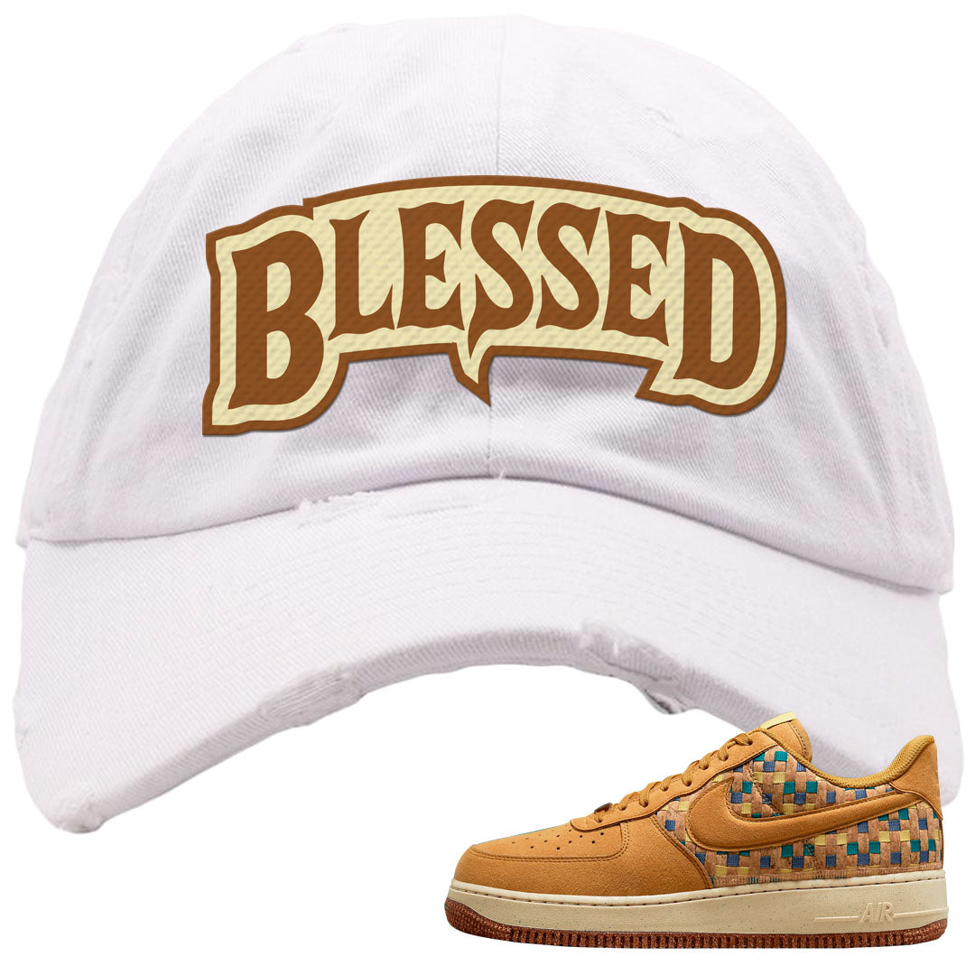 Woven Cork Low AF 1s Distressed Dad Hat | Blessed Arch, White