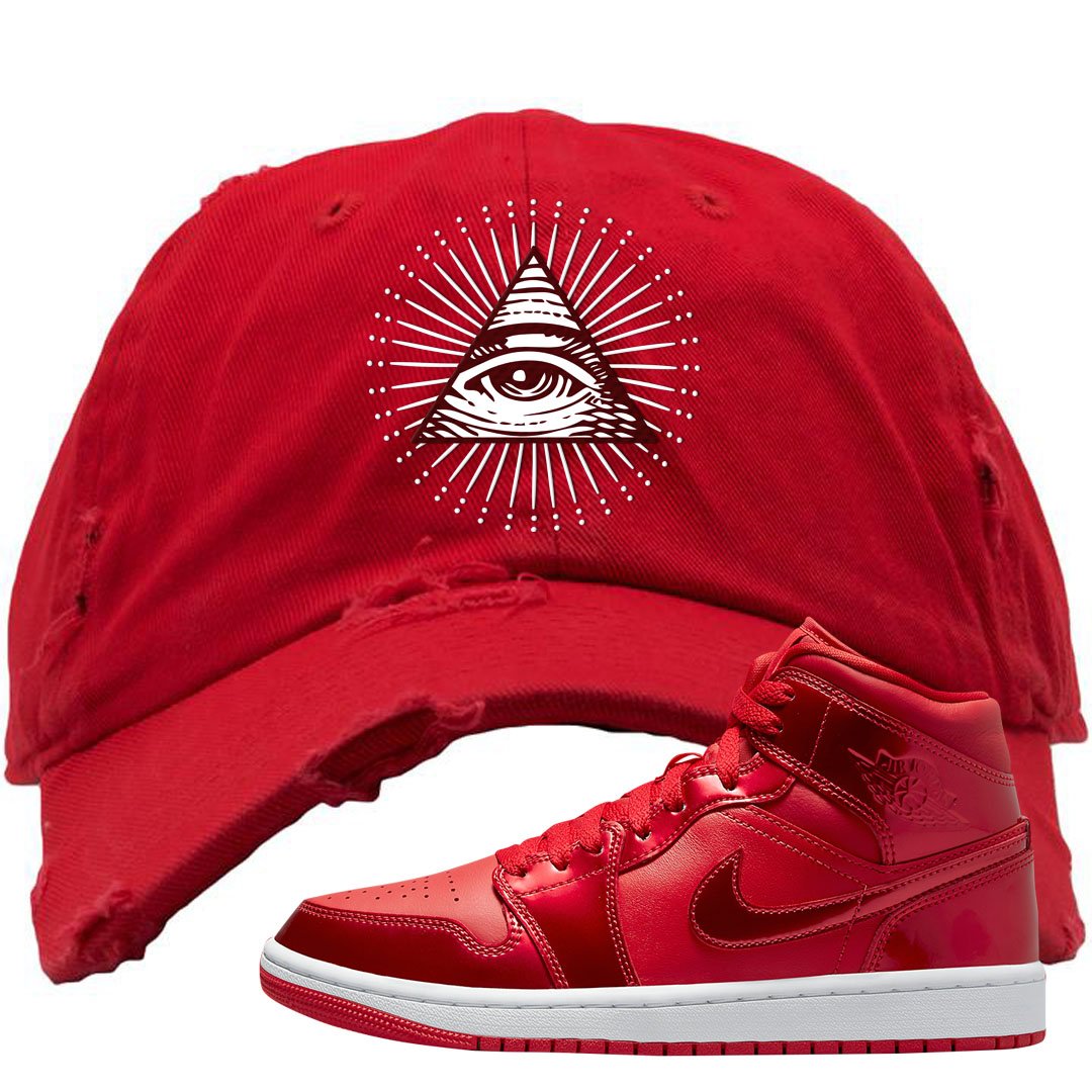 University Red Pomegranate Mid 1s Distressed Dad Hat | All Seeing Eye, Red