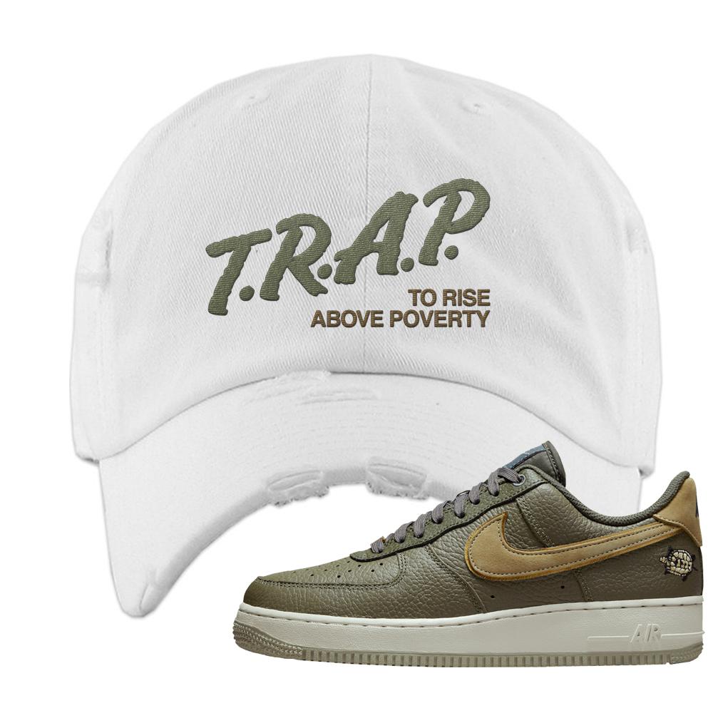 Tortoise Low AF1s Distressed Dad Hat | Trap To Rise Above Poverty, White