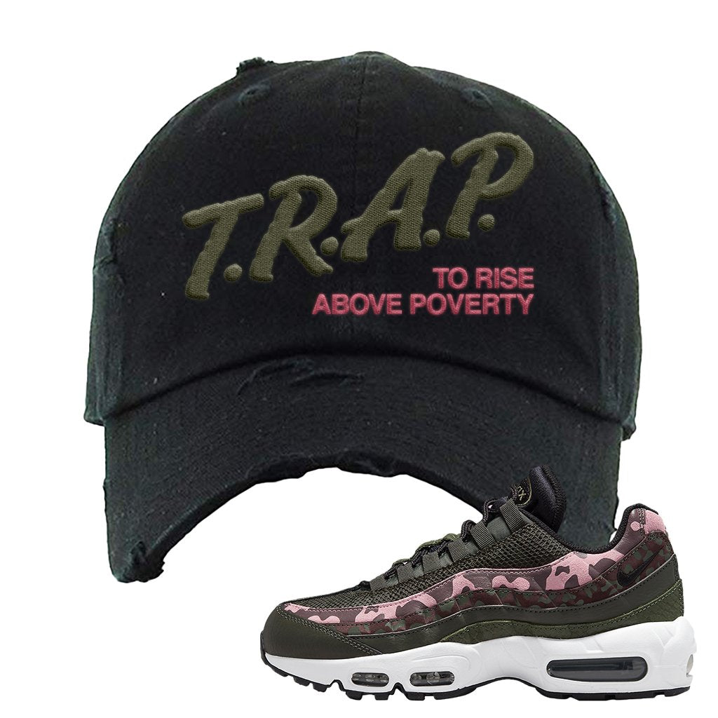 Olive Pink Camo 95s Distressed Dad Hat | Trap To Rise Above Poverty, Black