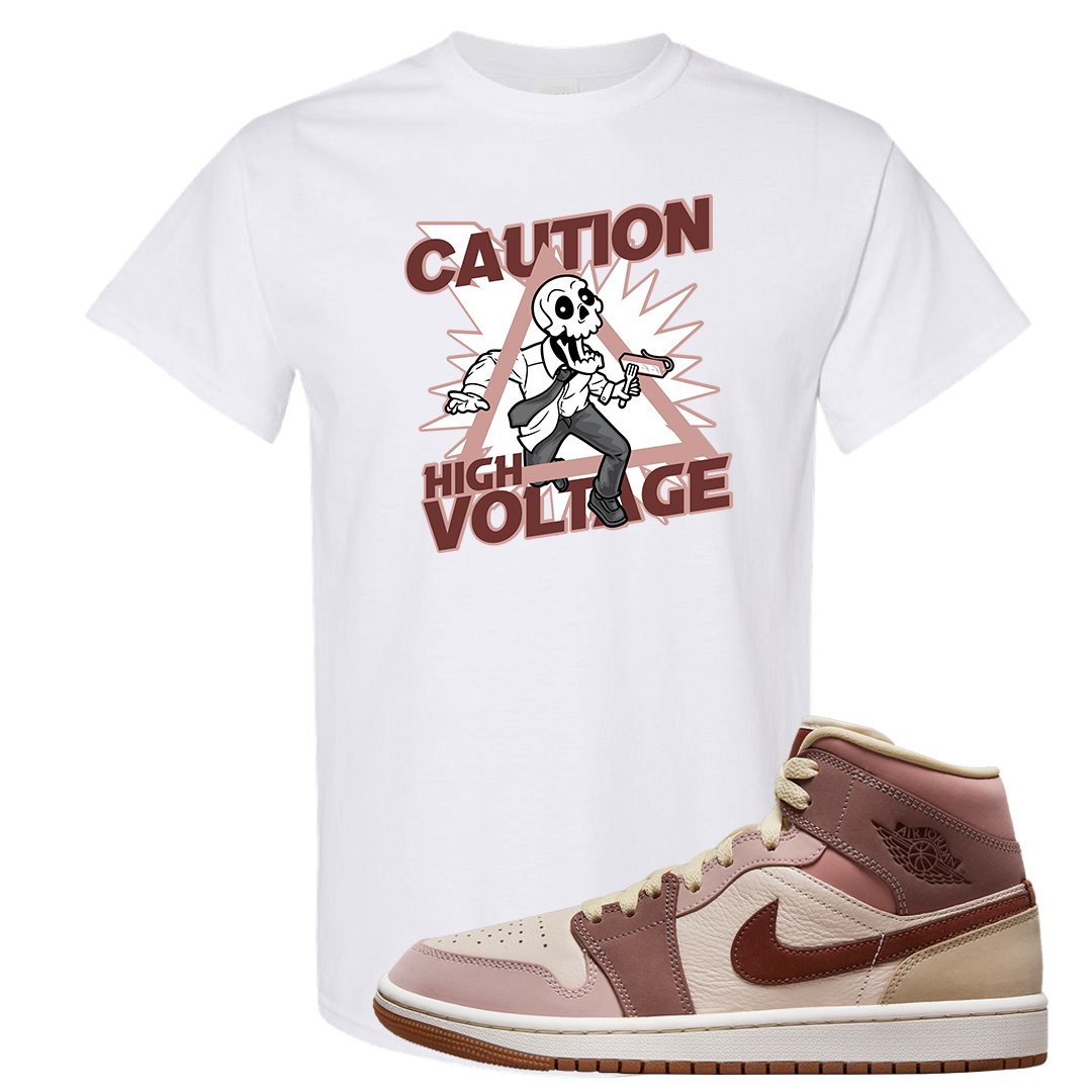 Pink Sand Mauve Mid 1s T Shirt | Caution High Voltage, White