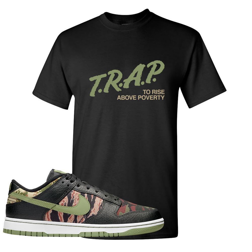 Multi Camo Low Dunks T Shirt | Trap To Rise Above Poverty, Black