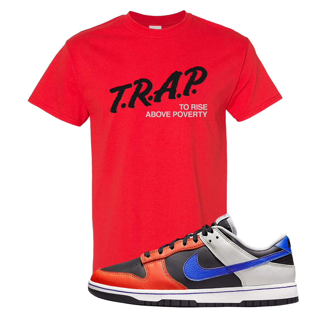 75th Anniversary Low Dunks T Shirt | Trap To Rise Above Poverty, Red
