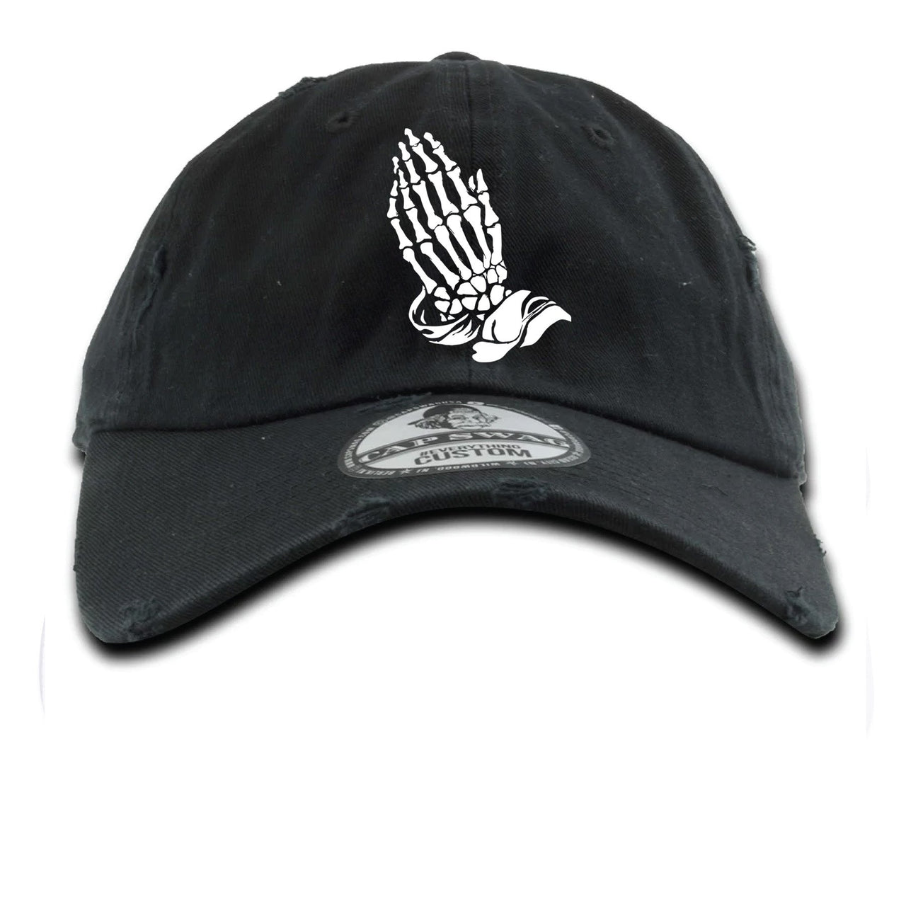 Bone White 500s Distressed Dad Hat | Praying Skeleton Hands, Black