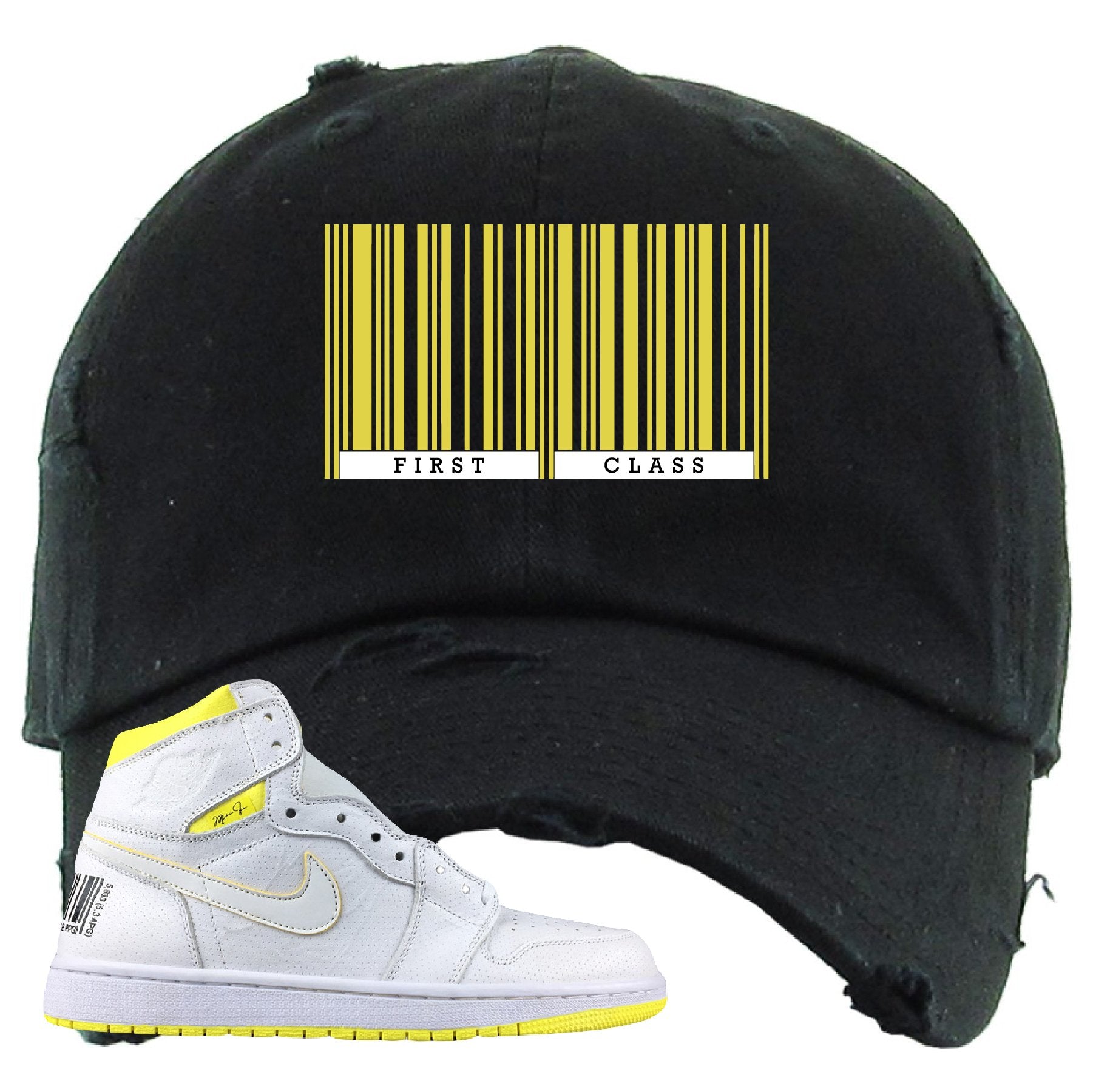 Air Jordan 1 First Class Flight First Class Barcode Black Sneaker Matching Distressed Dad Hat