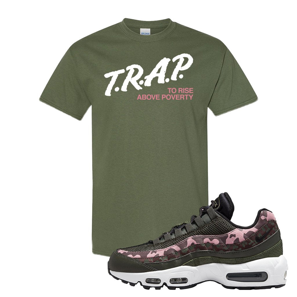 Olive Pink Camo 95s T Shirt | Trap To Rise Above Poverty, Military Green