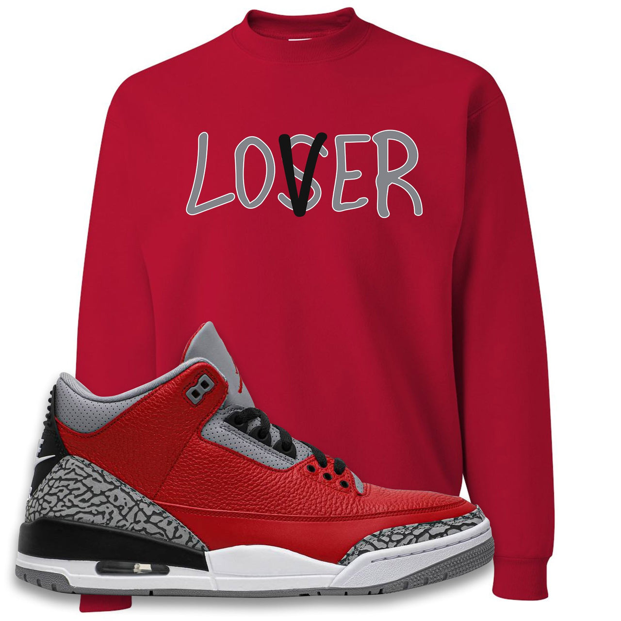 Chicago Exclusive Jordan 3 Red Cement Sneaker True Red Crewneck Sweatshirt | Crewneck to match Jordan 3 All Star Red Cement Shoes | Lover