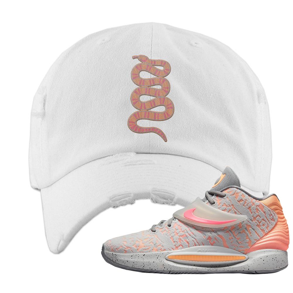 Sunset KD 14s Distressed Dad Hat | Coiled Snake, White