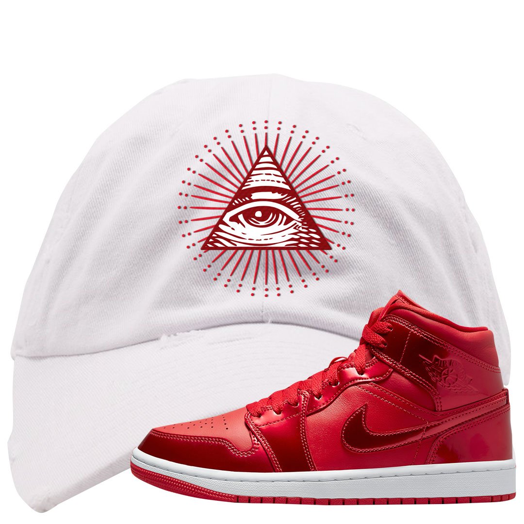 University Red Pomegranate Mid 1s Distressed Dad Hat | All Seeing Eye, White