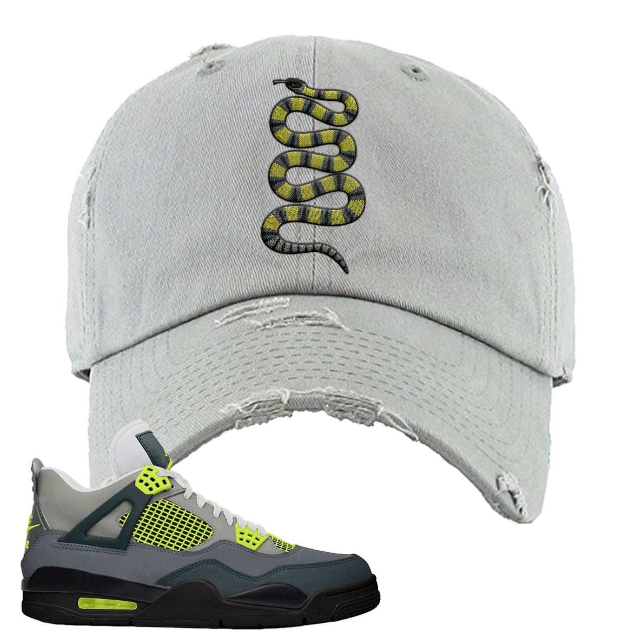 Jordan 4 Neon Sneaker Lime Green Distressed Dad Hat | Hat to match Nike Air Jordan 4 Neon Shoes | Coiled Snake