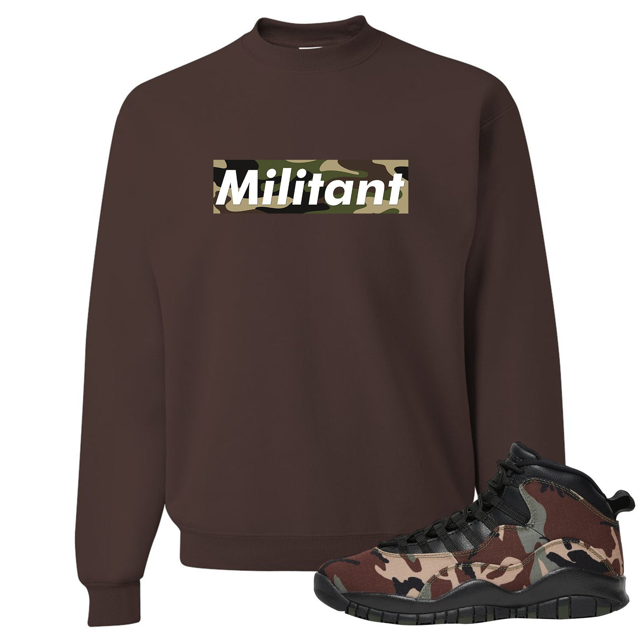 Woodland Camo 10s Crewneck Sweatshirt | Militant Camo Box Logo, Chocolate