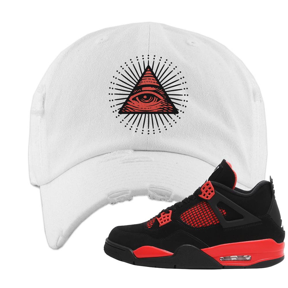 Red Thunder 4s Distressed Dad Hat | All Seeing Eye, White