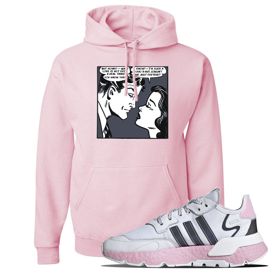WMNS Nite Jogger Pink Boost Sneaker Classic Pink Pullover Hoodie | Hoodie to match Adidas WMNS Nite Jogger Pink Boost Shoes | Fake Love Comic