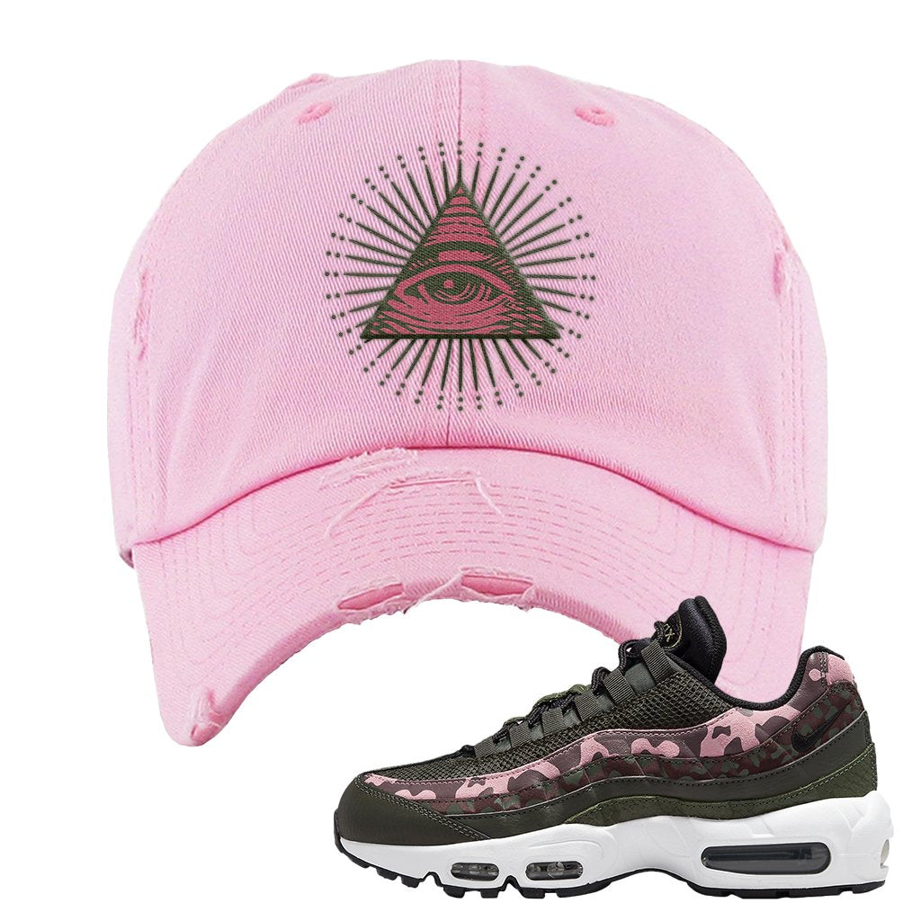 Olive Pink Camo 95s Distressed Dad Hat | All Seeing Eye, Light Pink