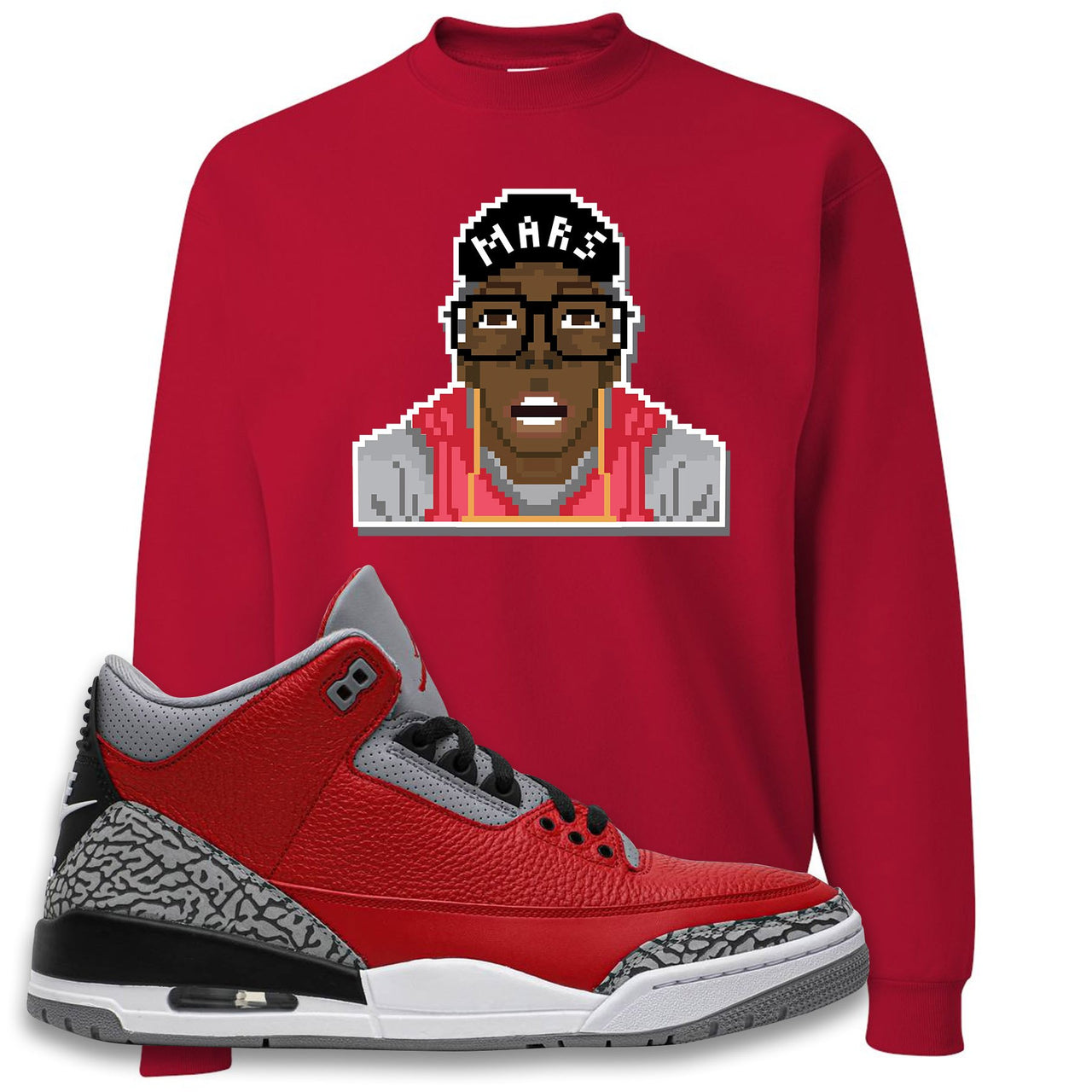 Chicago Exclusive Jordan 3 Red Cement Sneaker True Red Crewneck Sweatshirt | Crewneck to match Jordan 3 All Star Red Cement Shoes | Mars Pixel