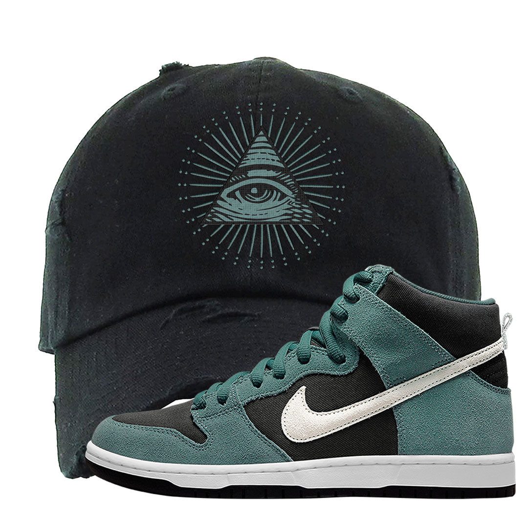 Green Suede High Dunks Distressed Dad Hat | All Seeing Eye, Black