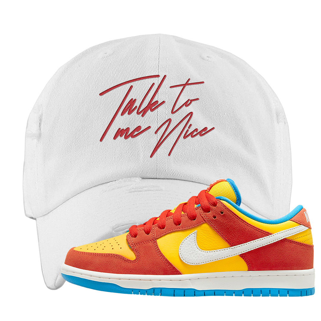 Habanero Red Gold Blue Low Dunks Distressed Dad Hat | Talk To Me Nice, White