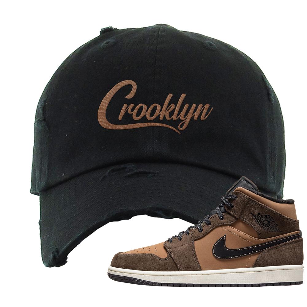 Earthy Brown Mid 1s Distressed Dad Hat | Crooklyn, Black