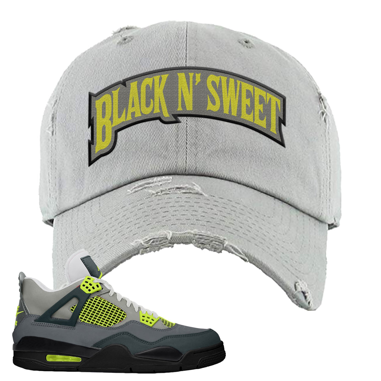 Jordan 4 Neon Sneaker Lime Green Distressed Dad Hat | Hat to match Nike Air Jordan 4 Neon Shoes | Black N Sweet Arch