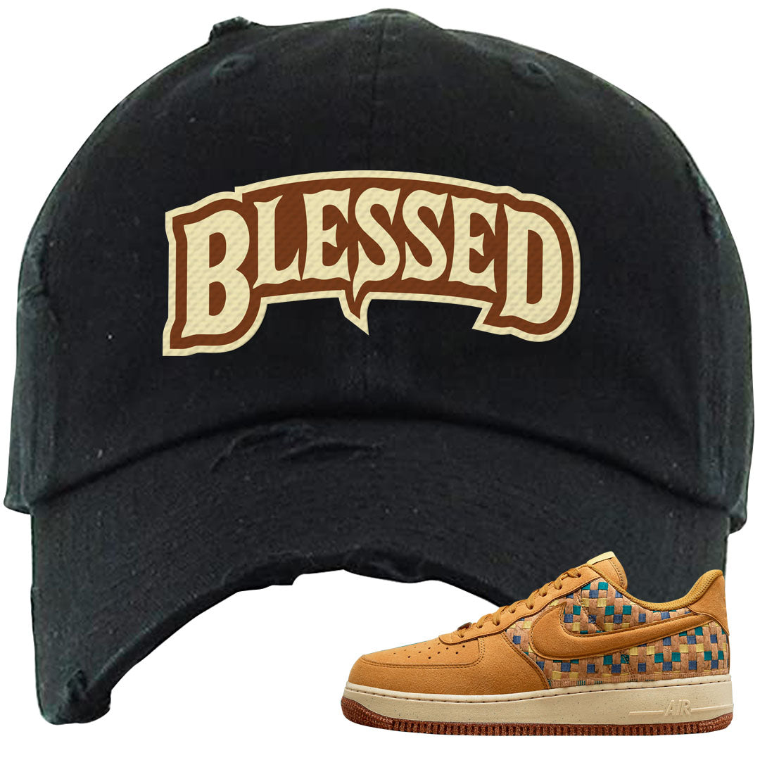 Woven Cork Low AF 1s Distressed Dad Hat | Blessed Arch, Black