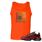 printed on the front of the air max plus sunburst sneaker matching orange tank top is the vintage egyptian box logo