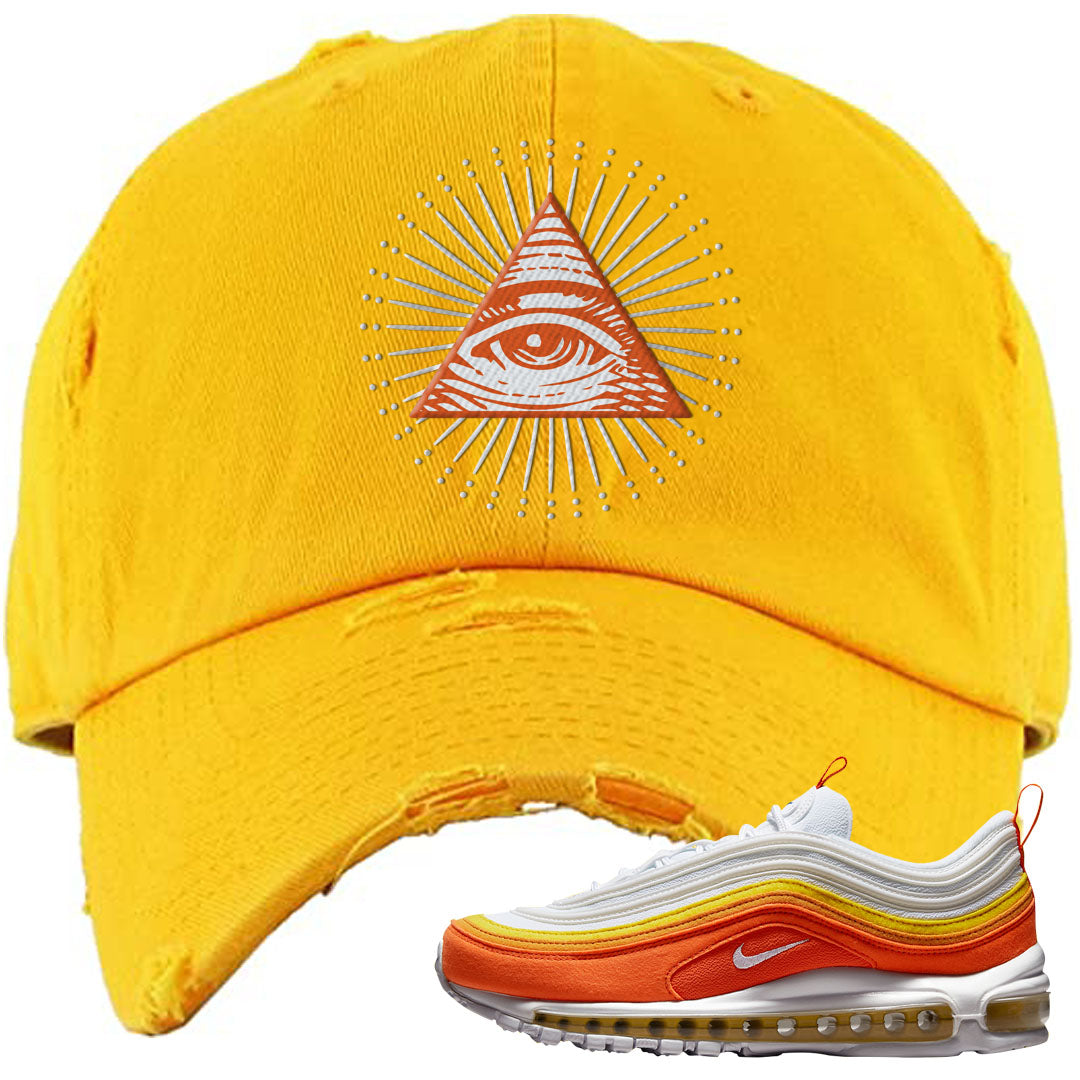 Club Orange Yellow 97s Distressed Dad Hat | All Seeing Eye, Gold