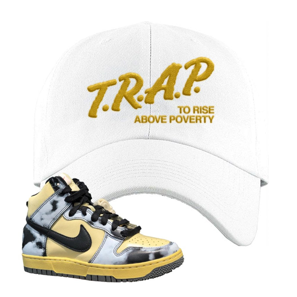 Acid Wash Yellow High Dunks Dad Hat | Trap To Rise Above Poverty, White