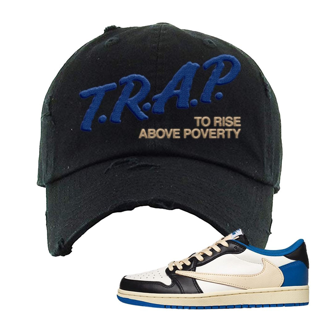 Sail Black Military Blue Shy Pink Low 1s Distressed Dad Hat | Trap To Rise Above Poverty, Black