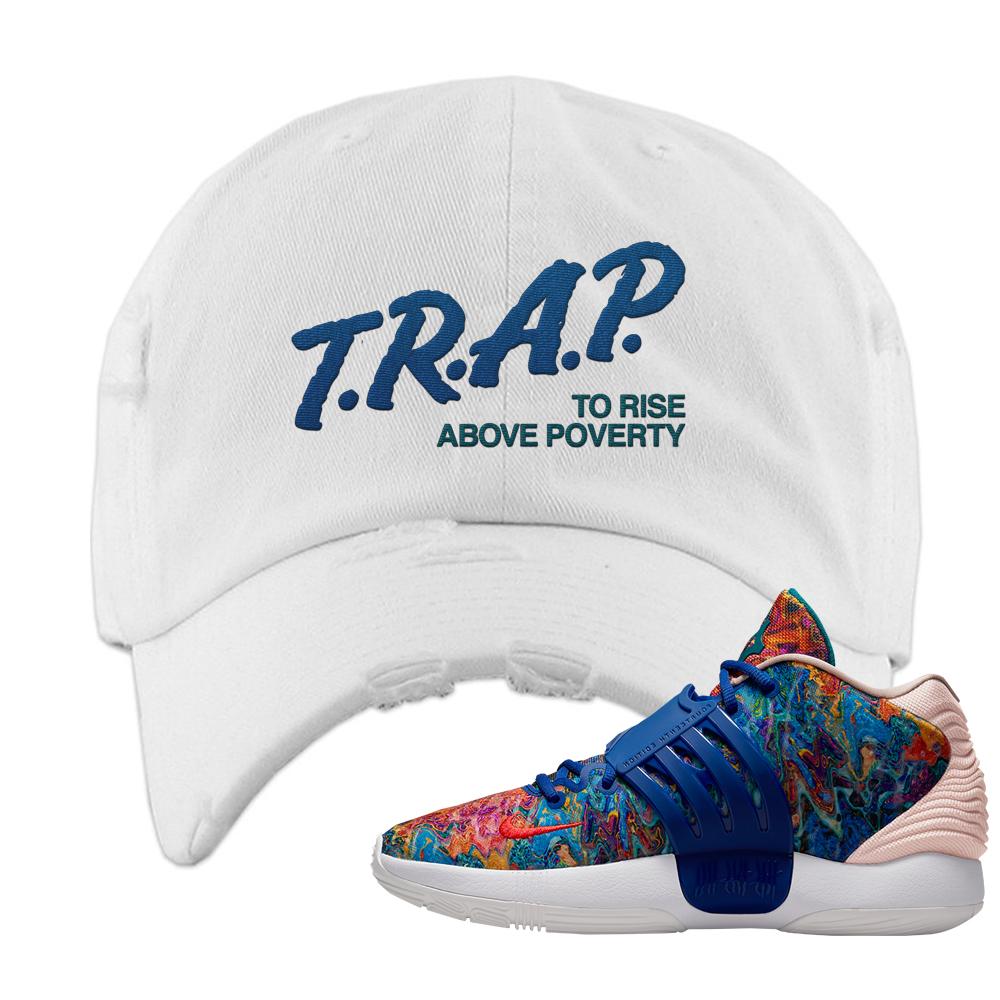 Deep Royal KD 14s Distressed Dad Hat | Trap To Rise Above Poverty, White