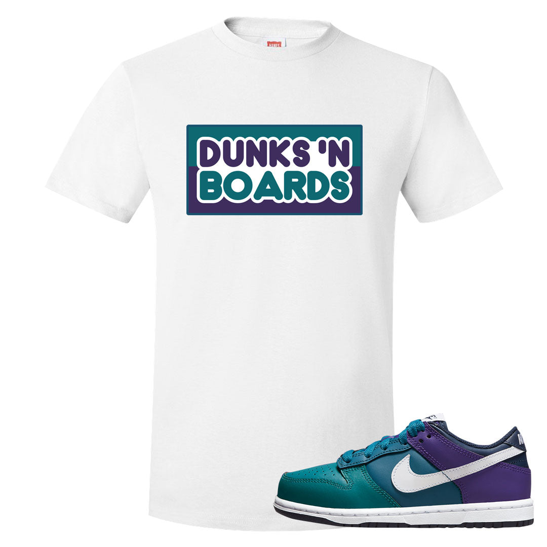 Teal Purple Low Dunks T Shirt | Dunks N Boards, White