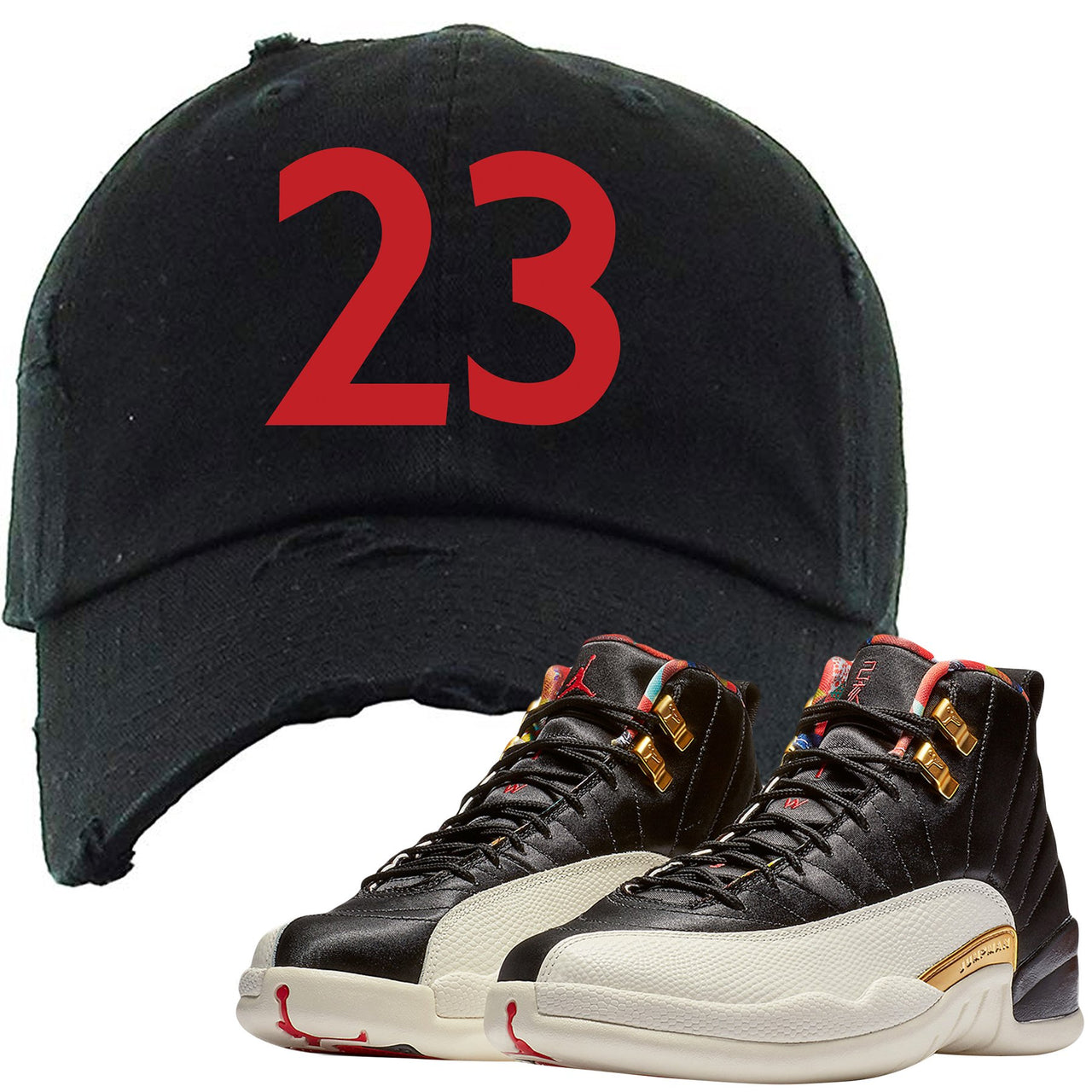 Rock the Jordan 12 Chinese New Year sneaker matching distressed dad hat to match your pair of Chinese New Year 12s