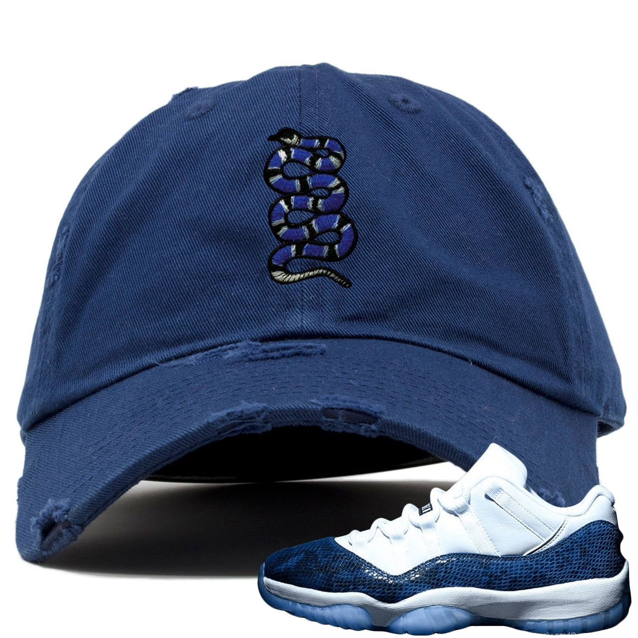 Snakeskin Low Blue 11s Distressed Dad Hat | Coiled Snake, Navy Blue