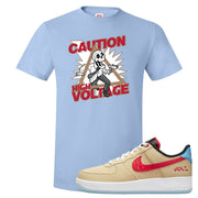 Satellite AF 1s T Shirt | Caution High Voltage, Light Blue