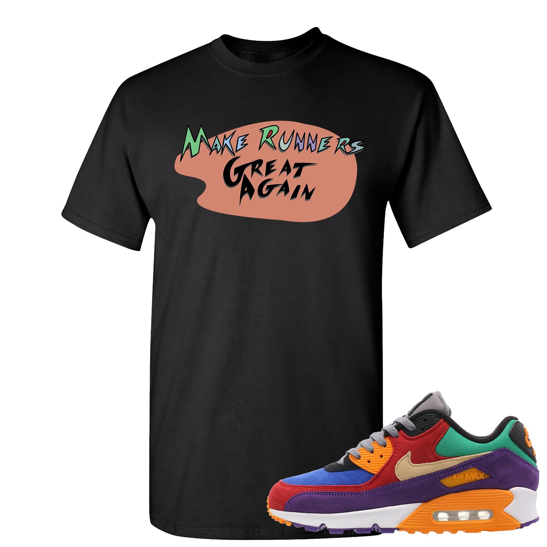 Printed on the front of the Make Runners Great Again Air Max 97 Viotech black sneaker matching t-shirt is the Make Runners Great Again logo