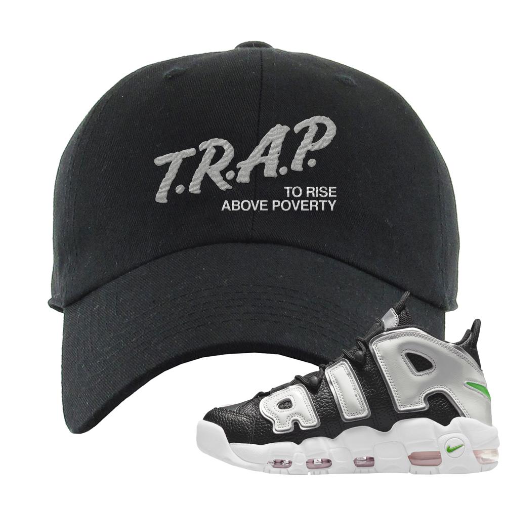 Black Silver Uptempos Dad Hat | Trap To Rise Above Poverty, Black