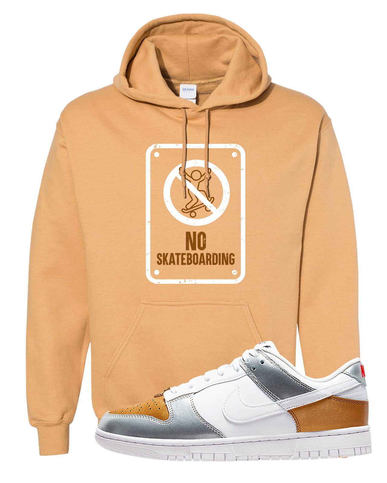 Gold Silver Red Low Dunks Hoodie | No Skating Sign, Old Gold