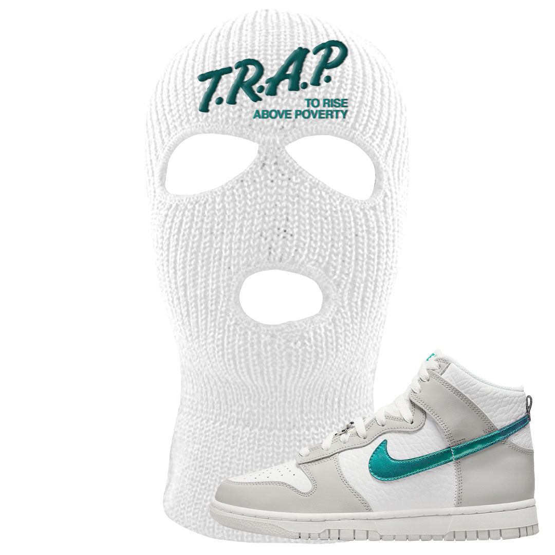 White Grey Turquoise High Dunks Ski Mask | Trap To Rise Above Poverty, White