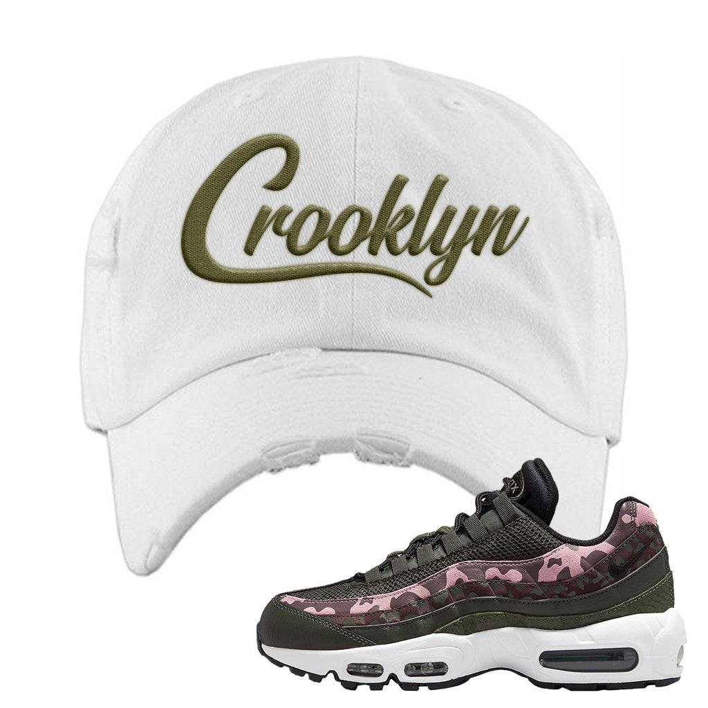 Olive Pink Camo 95s Distressed Dad Hat | Crooklyn, White