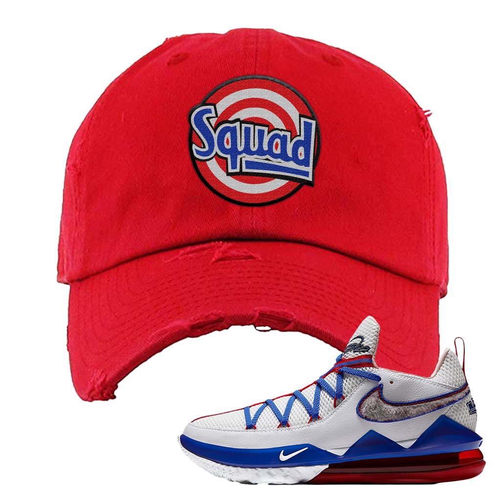 LeBron 17 Low Tune Squad Sneaker Red Distressed Dad Hat | Hat to match Nike LeBron 17 Low Tune Squad Shoes | Squad