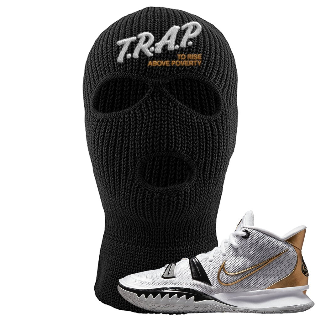 White Black Metallic Gold Kyrie 7s Ski Mask | Trap To Rise Above Poverty, Black