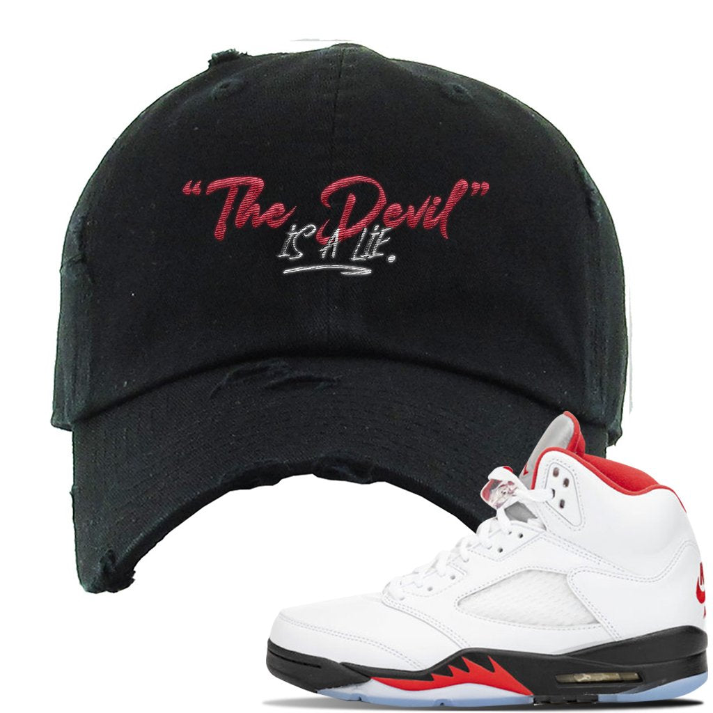 Jordan 5 OG Fire Sneaker Black Distressed Dad Hat | Hat to match Nike Air Jordan 5 OG Fire Shoes | Devil Is A Lie